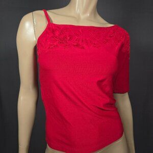 Vintage 90s Y2K Red One Shoulder Top Floral Design Size M Stretch Short Sleeve